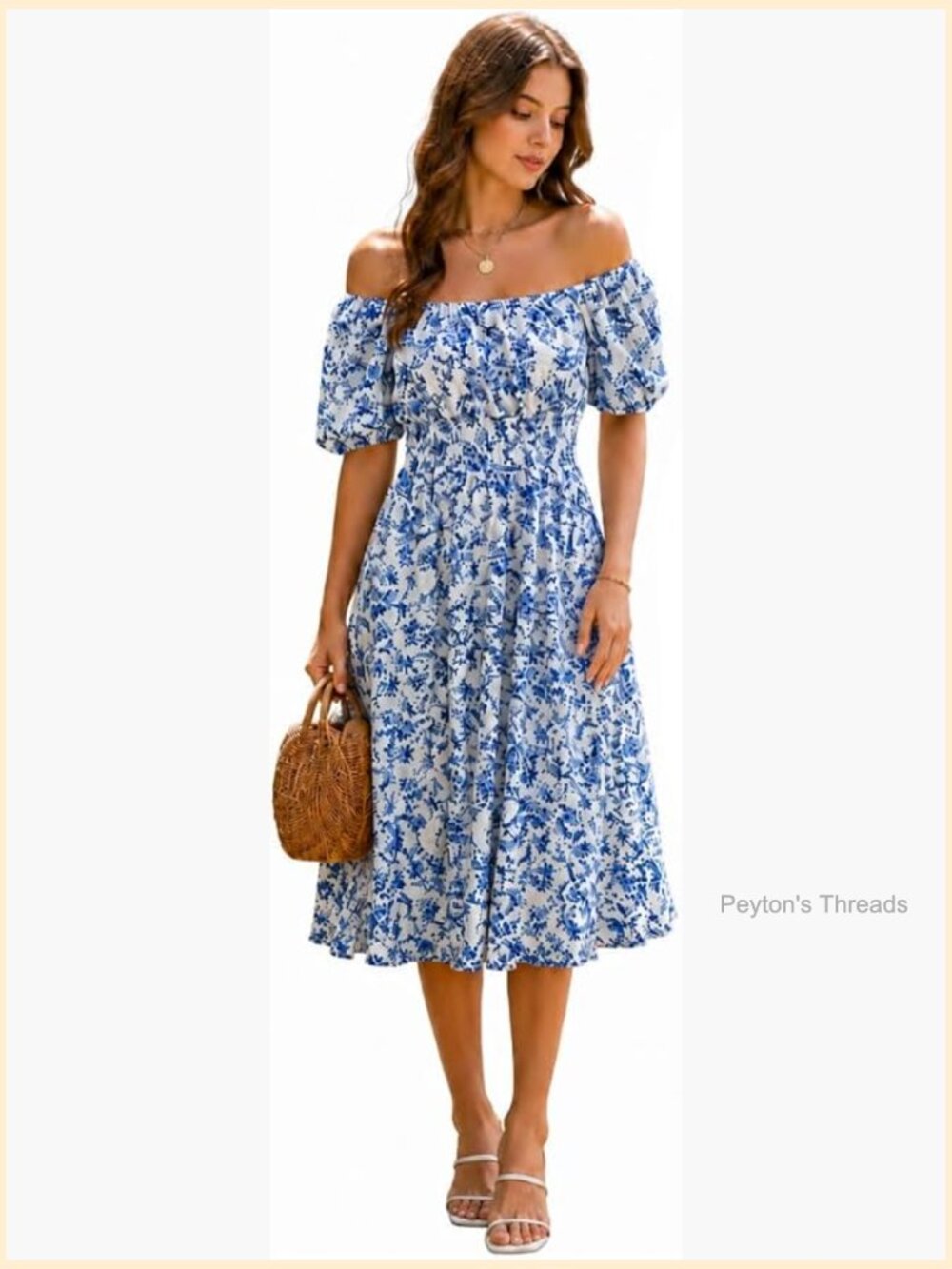 Women's Boho Square Neck Puff Sleeve A-Line Flowy Midi Dress Sundress